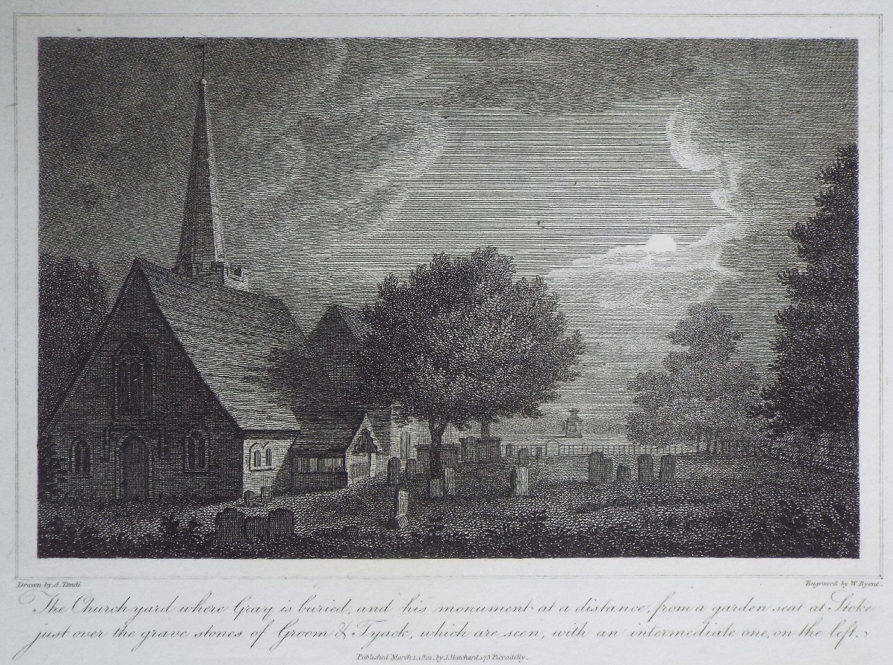 Print - The Church yard where Gray is buried, and his monument at a distance, from a garden seat at Stoke just over the grave stones of Groom & Tyack, which are seen, with an intermediate onr, on the left. - Byrne